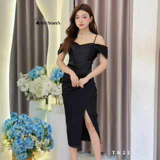 TK220 Đầm lụa trễ vai lệch tà xếp ly