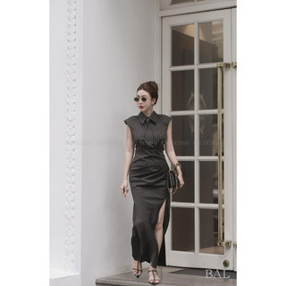 Váy kẻ sát nách xẻ tà phối cavat siêu chất
