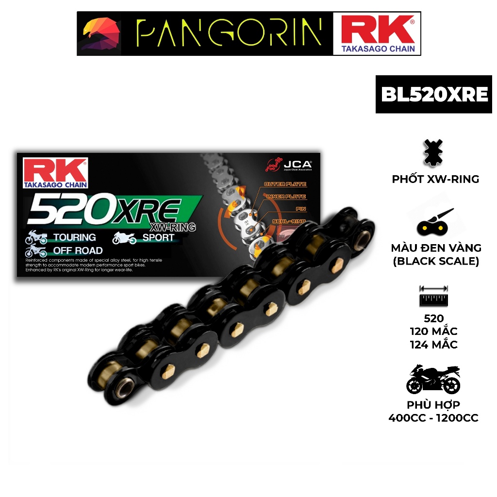 Sên xe phân khối lớn RK Takasago Chain mã BL-520-XRE, màu Đen Vàng, phốt cao su XW-ring, kích thước 