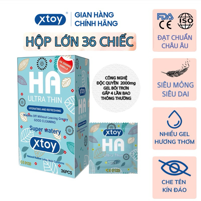 Bao Cao Su Xtoy Siêu Mỏng 001, Nhiều Gel, Kéo Dài Thời Gian, Dưỡng Chất Hyaluronic Acid Làm Se Khít - Hộp 10 Bcs