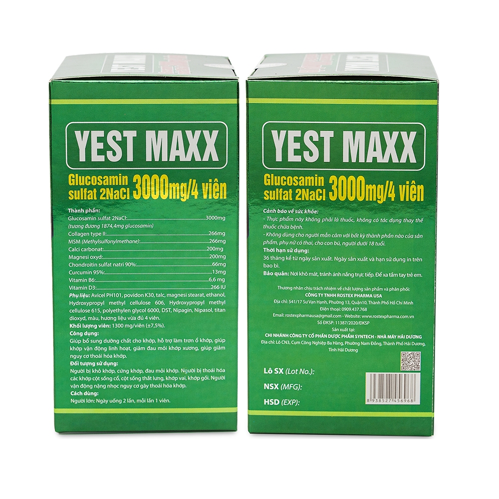 Viên xương khớp Glucosamin 3000mg Yest Maxx giảm đau mỏi xương khớp, giảm thoái hóa khớp - Hộp 60 viên