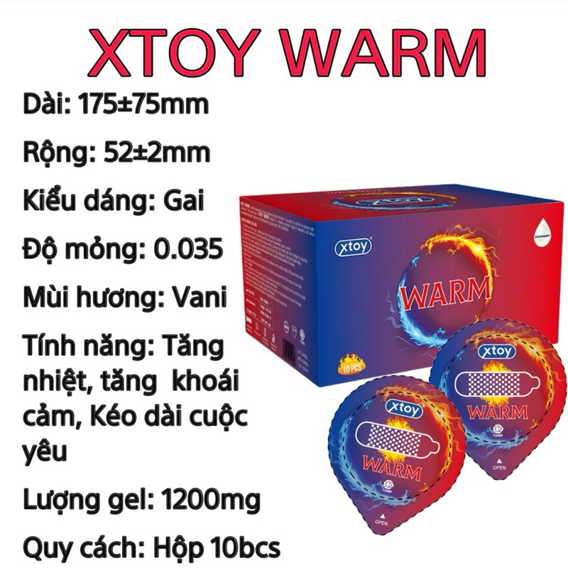 Bao cao su gai XTOY WARM truyền nhiệt, yêu dài lâu, nhiều gel, hương thơm - Hộp 10 bcs