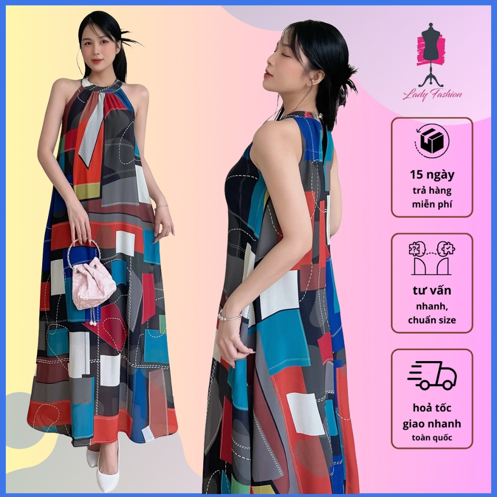 Đầm maxi Lady Fashion 06 in họa tiết kẻ ô lập thể - MS114
