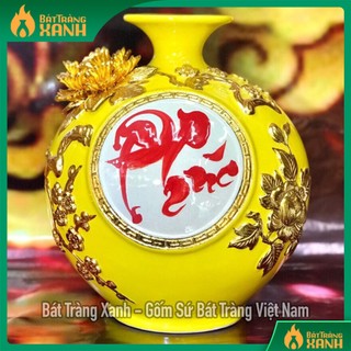 [TẶNG ĐẾ] Bình Hút Lộc Chữ Phúc Đắp Nổi Dát Vàng Bát Tràng - Bình Tài Lộc, Bình Phong Thuỷ Đặt Ban Thờ Thần Tài