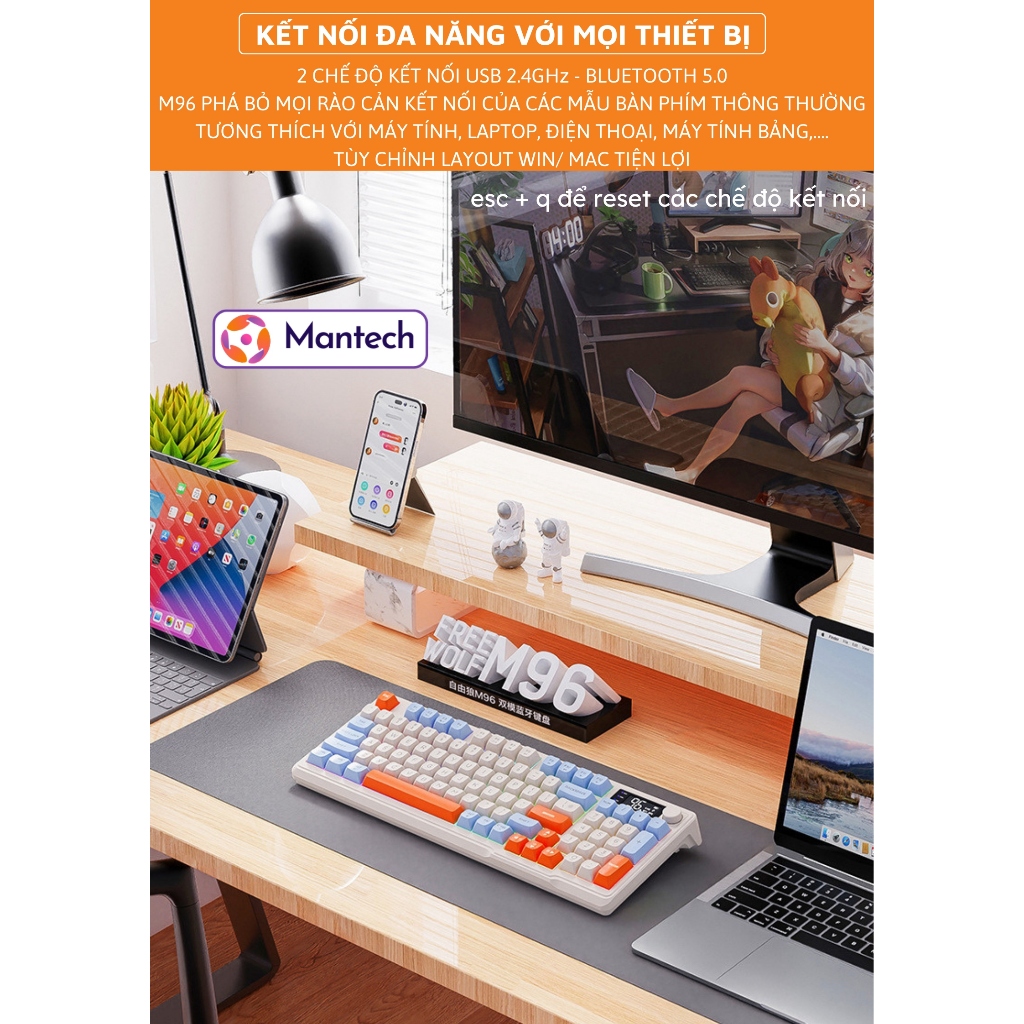 Bàn Phím Gaming Không Dây Bluetooth M96 Full Size Có LED 7 Màu, Màn Hình Hiển Thị, Núm Xoay Đa Năng | BigBuy360 - bigbuy360.vn
