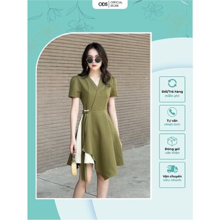 Đầm ngắn xanh mạ ODS thiết kế cổ V, tung xoè lệch 1 bên vạt phối be, eo cột nơ, dây kéo sau, tay ngắn trẻ trung - DO5