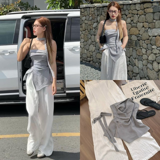Set áo nude lệch vai đắp + quần suông đen