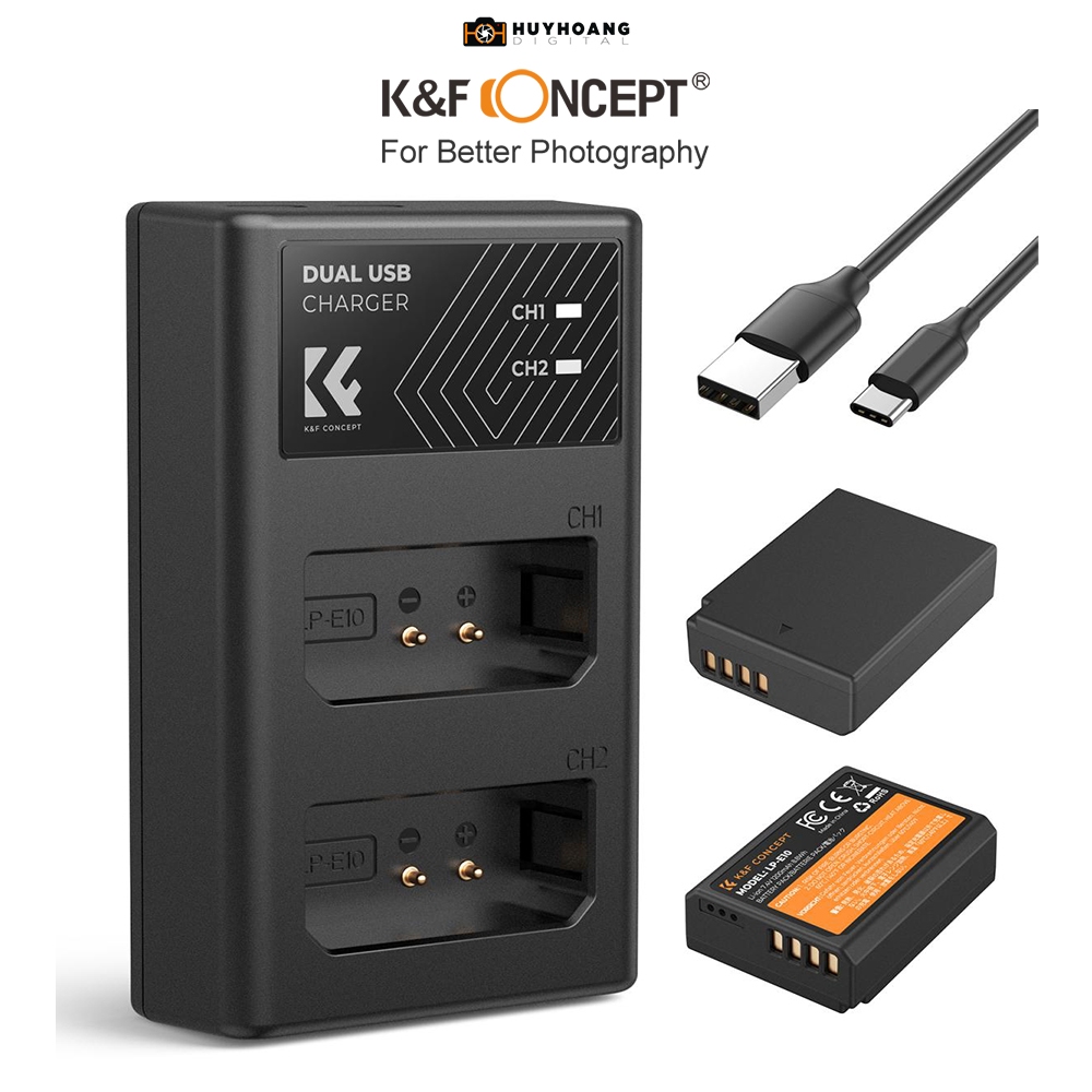 Pin máy ảnh K&F CONCEPT LP-E10 | 2 Pin 1 Sạc