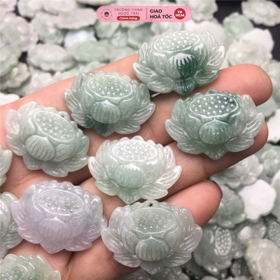 Mặt Dây Chuyền Hoa Sen Cẩm Thạch Thiên Nhiên Type A Màu Xanh Đậu Trắng - Ngọc Trai Trường Thịnh