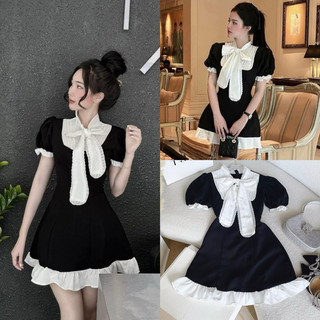 Đầm dây xoè xếp li ngực đính nơ