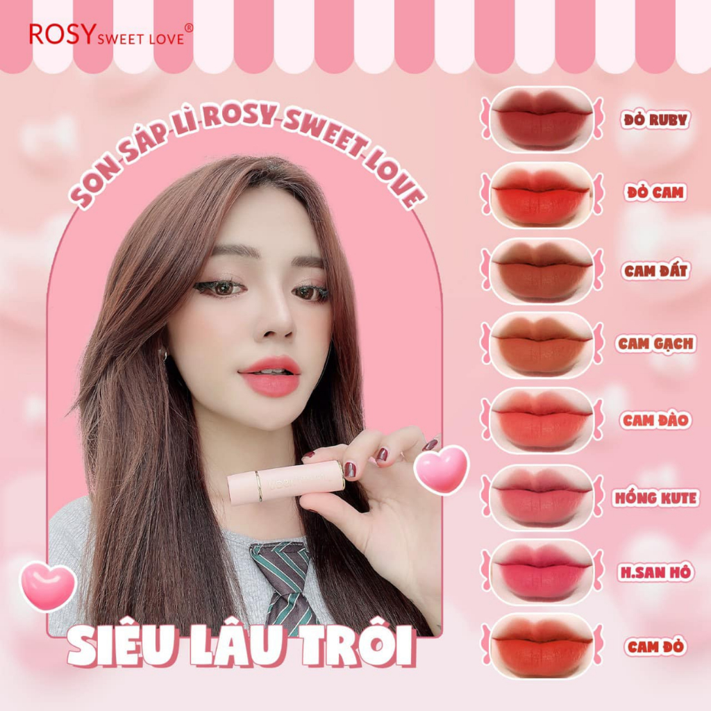 Son Sáp Lì Rosy Sweet Love Chuẩn Màu, Mềm Mịn Chính Hãng 4G