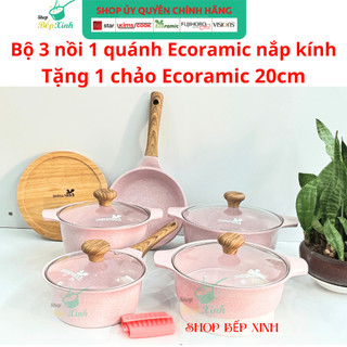 Bộ nồi đáy từ cao cấp ECORAMIC nắp kính quánh 16cm , nồi 18cm , 20cm , 22cm , tặng 1 chảo 20cm  - hàng chính hãng