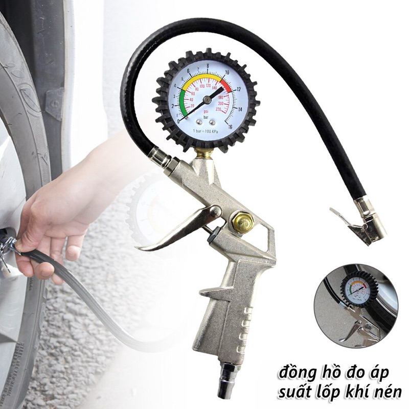 Dụng cụ bơm xe khô đồng hồ đo áp suất