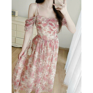 Đầm xoè voan dây bệt vai hoa nhẹ nhàng thanh lịch phù hợp dạo biển đi chơi