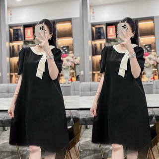 Váy xuông thiết kế cao cấp NH Clothing mềm mại chất tuyết mưa cổ nơ vạt trắng