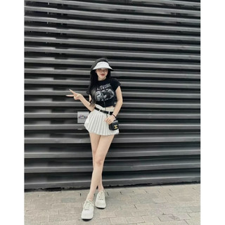 (Sẵn-SG) SET ÁO THUN CROP TOP + CHÂN VÁY QUẦN XẾP LI HÀNG QC + ( tặng kèm dây nịt bảng nhỏ).
