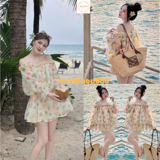Đầm nữ trễ vai bánh bèo dài tay dáng bí họa tiết hoa sắc màu xinh xắn váy tơ trễ vai tay bồng đi biển