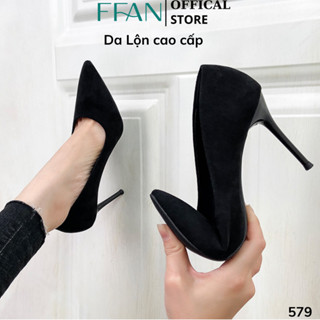 Giày cao gót mũi nhọn nữ  da lộn mềm mại  gót nhọn 579 FFAN STORE bít mũi 5 7 9 phân màu đen big size 