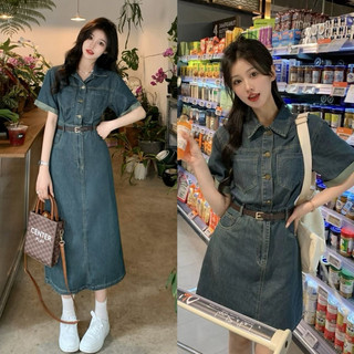 Váy bò denim cổ polo tay ngắn dáng dài, Váy sơ mi bò thắt eo, Đầm jeans ngắn cổ bẻ thanh lịch Order QC