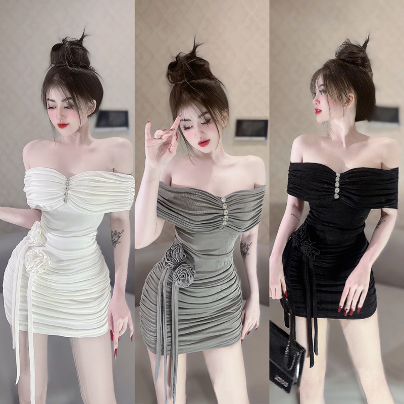 Váy Body Trễ Vai Đá Hoa eo