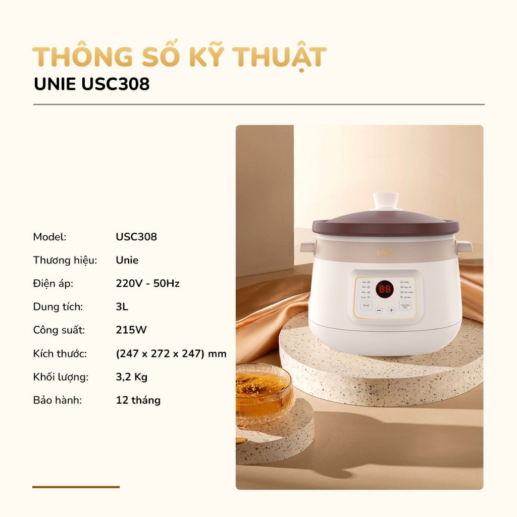 Nồi Nấu Chậm Unie USC-308 Lòng Gốm Tử Sa  Cao Cấp, Giữ Chọn Hương Vị Dinh Dưỡng, Hàng Chính Hãng
