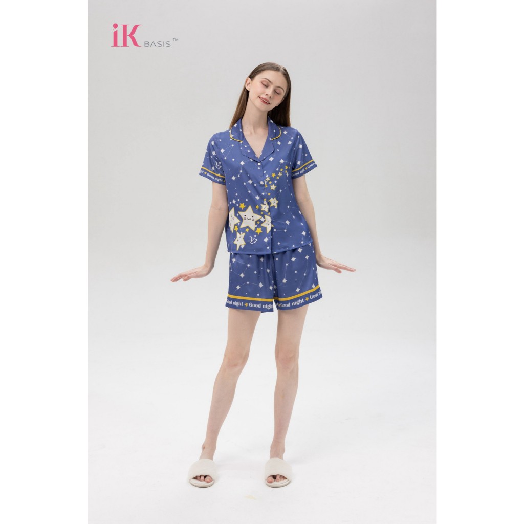 Set pijama iK lụa luxury cao cấp, họa tiết ngôi sao độc đáo sang chảnh, kiểu áo cộc quần đùi, chất m