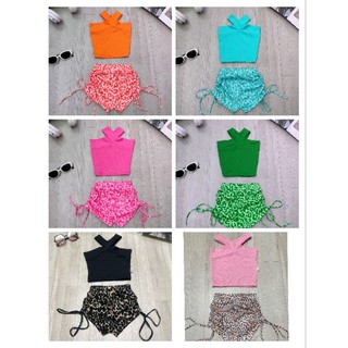 Set áo thun chéo cổ phối quần đùi rút dây