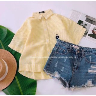  Áo sơ mi croptop vải xốp sọc thêu hình màu xinh pastel 