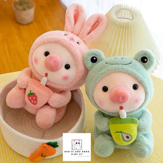 Gấu bông heo cosplay 25cm cầm bình trà sữa đáng yêu