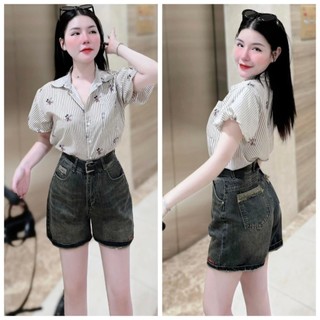 Quần ngố ống rộng lưng cao, Quần short nữ phối túi kiểu mới, chất denim bền đẹp không co dãn