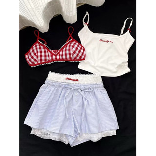 Set áo hai dây thêu bra sọc caro quần ren lưng thun quần short sọc