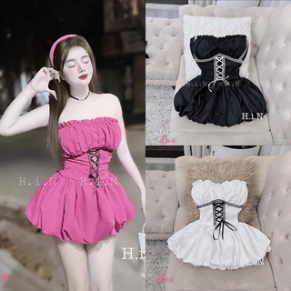 Set đầm cúp ngực đan dây viền ren kèm quần bí