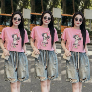 QUẦN SOOC JEANS NỮ DÁNG LỬNG RÁCH CẠP CHUN CÓ DÂY RÚT 2024