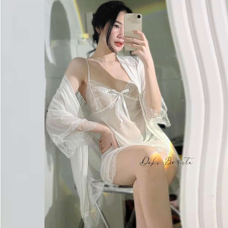 Set đồ ngủ nữ sexy DN08 kiểu đầm 2 dây xuyên thấu gồm váy và áo choàng kèm quần lót gợi cảm | BigBuy360 - bigbuy360.vn