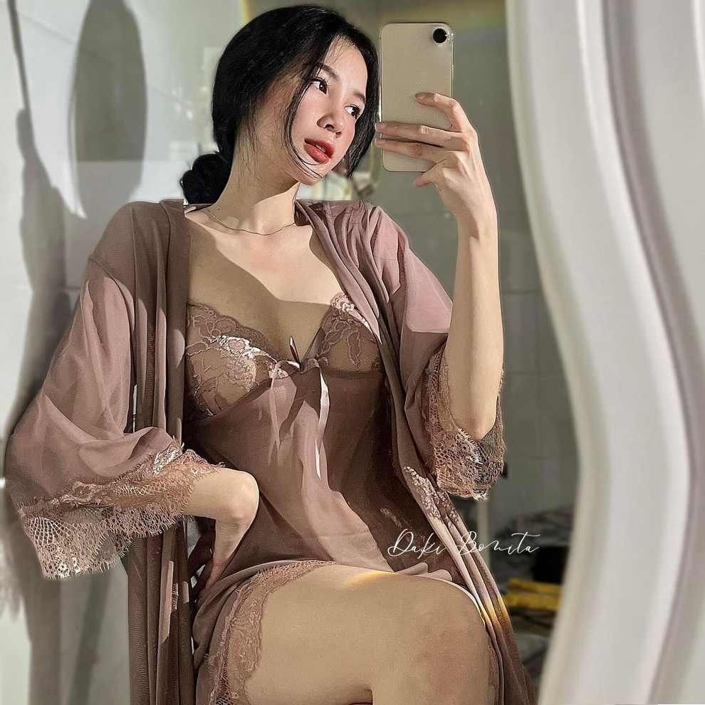 Set đồ ngủ nữ sexy DN08 kiểu đầm 2 dây xuyên thấu gồm váy và áo choàng kèm quần lót gợi cảm | BigBuy360 - bigbuy360.vn