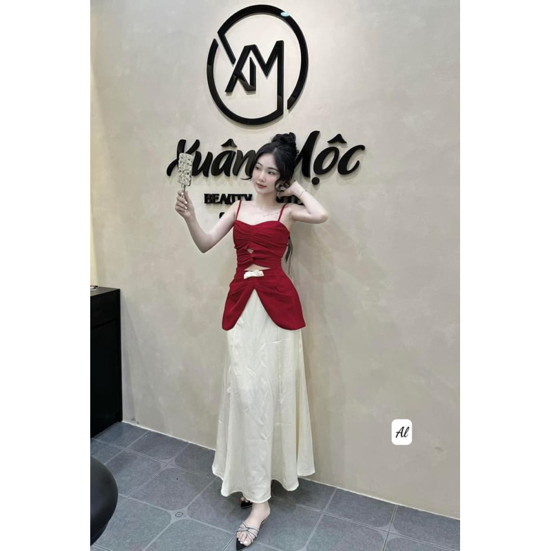 Set áo 2 dây đỏ kèm chân váy lụa dáng dài cực xinh iu nổi bật trắng da, đầm nữ slay dự tiệc sang xịn