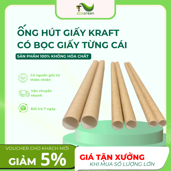 (100 Cái) Ống Hút Giấy KRAFT Dùng 1 Lần Size 6,8,12mm Thân Thiện, An Toàn Với Môi Trường-T2ECOGREEN