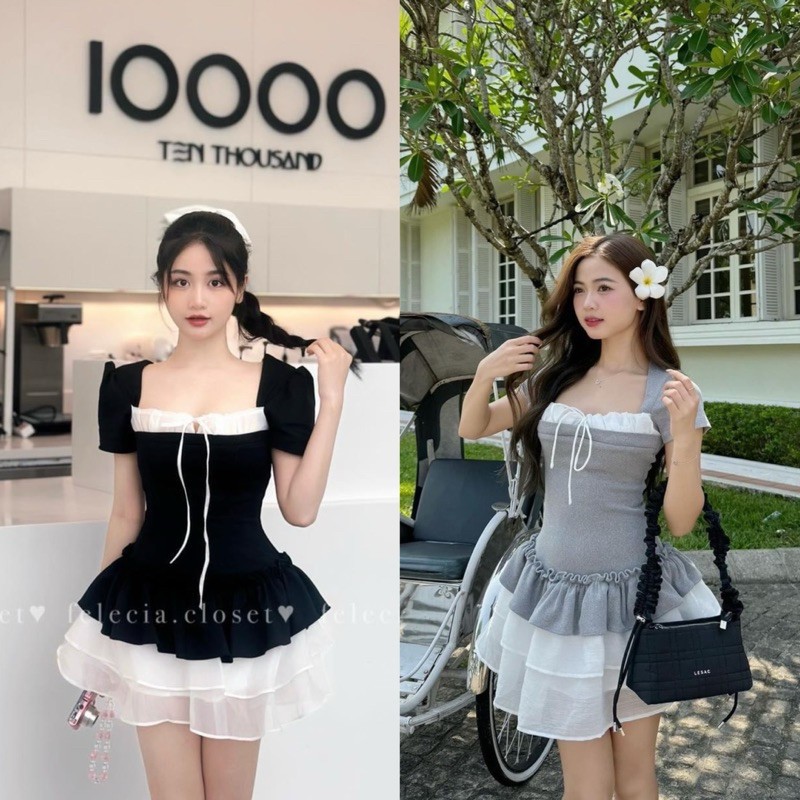 : Váy Tăm 2 Màu Cổ Vuông Nơ Ngực Phối Voan Trắng Bèo 3 Tầng Tiểu Thư Có Kèm Lót Đùi (Ảnh Thật Trải Sàn)