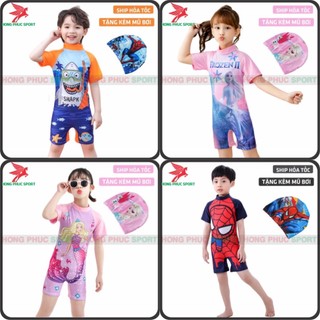 Bộ đồ bơi bé trai bé gái liền thân họa tiết công chúa, nàng tiên cá, kỳ lân, người nhện, siêu anh hùng (Tặng mũ)