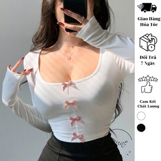 Áo thun nữ gắn nơ Áo tay dài gắn nơ ôm body nữ Áo thun tay dài nữ