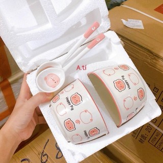 Set 2 bát gấu kèm 2 thìa - Bát sứ cho bé siêu xinh, Bát Dễ Thương kèm thìa đóng thùng xốp