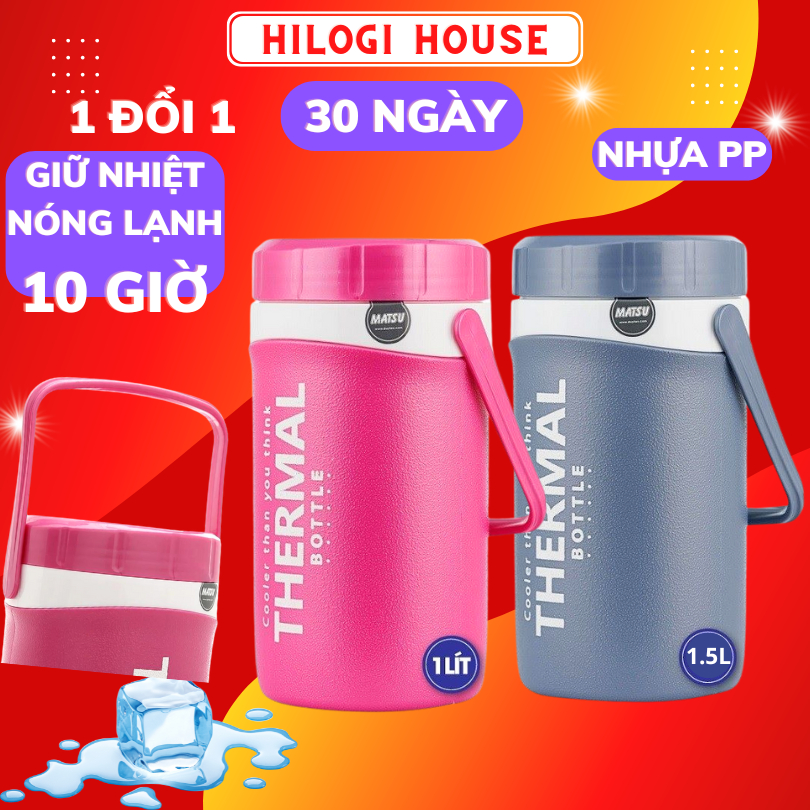 Bình giữ nhiệt 1500ml Duy Tân HiLOGI 2 lớp nhựa PP nhũ nhám chống trầy, giữ nóng 6h, lạnh 10h, có nắp đậy và quay xách