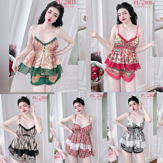 Bộ mặc nhà 2 dây quần đùi phối ren họa tiết in full