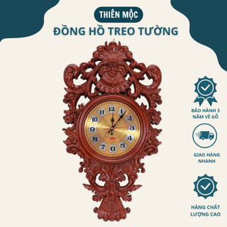 Đồng hồ decor phòng khách gỗ treo tường họa tiết hoa tây Thiên Mộc