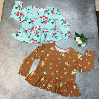 Áo dài tay bé gái TDUN hàng dư A026 chất cotton mềm mịn hoa lá xanh nâu size 12/18m-5y 5-19kg