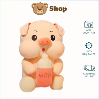 Gấu bông heo ôm bình sữa mềm mại dễ thương size 30cm làm quà tặng trang trí gấu ôm