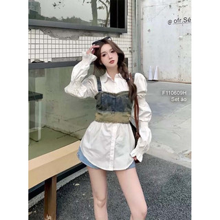 Set áo sơ mi trắng tay dài + áo jean loang croptop 2s 0624 thaotranshop90