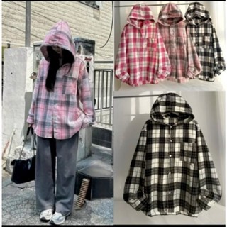Áo Sơ Mi Khoác Ngoài Flannel Caro Nam Và Nữ Tay Dài Có Nón Form Rộng Chất Vải Kate Kẻ