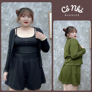 Set Đồ Bigsize Nữ 3 Món Áo Thun Phối Quần Đùi Lưng Chun Kèm Áo Khoác Cardigan Vải Thun Gân SET12