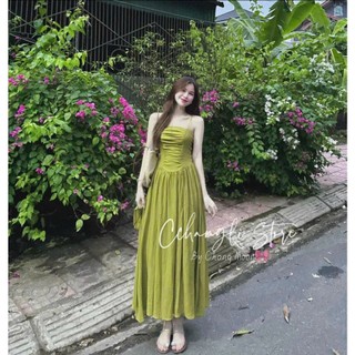 Đầm chất lụa ý cao cấp thời trang thiết kế nữ mặc đi biển dịu dàng nữ tính , đầm dài xòe hai dây nhấn eo